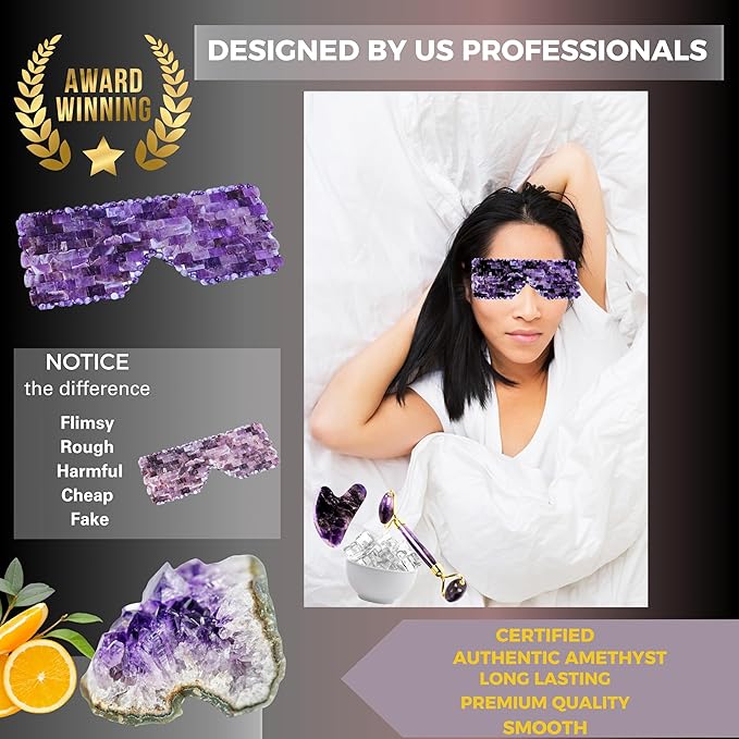 100% Authentic Amethyst Mother's day Gift Set Amethyst Eye Mask Amethyst Jade Roller & Gua Sha Set Facial Mask Instant Puffiness promote relaxation and relief stress.