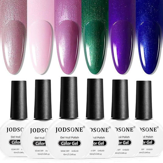 JODSONE 10ml Gel Nail Polish Set Glitter 6Colors Dark Green Glitter Pink Deep Blue Gel Polish Lacquer Glossy Art for Nail and Salon Need U V Lamp