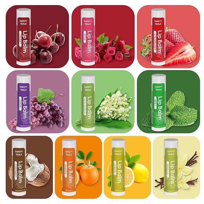 10 Pack Natural Lip Balm Bulk with Vitamin E and Coconut Oil Valentine's Day best choice - Moisturizing, Soothing, and Repairing Dry and Chapped Lips - 10 Flavors - Non-GMO