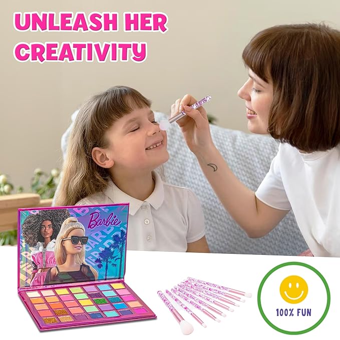 Barbie - Townley Girl 35-Well Eyeshadow Palette, Shimmery and Opaque Colors, Pigmented Blendable, 8 Application Brushes Non-Toxic 8+, Perfect for Parties, Sleepovers & Makeovers