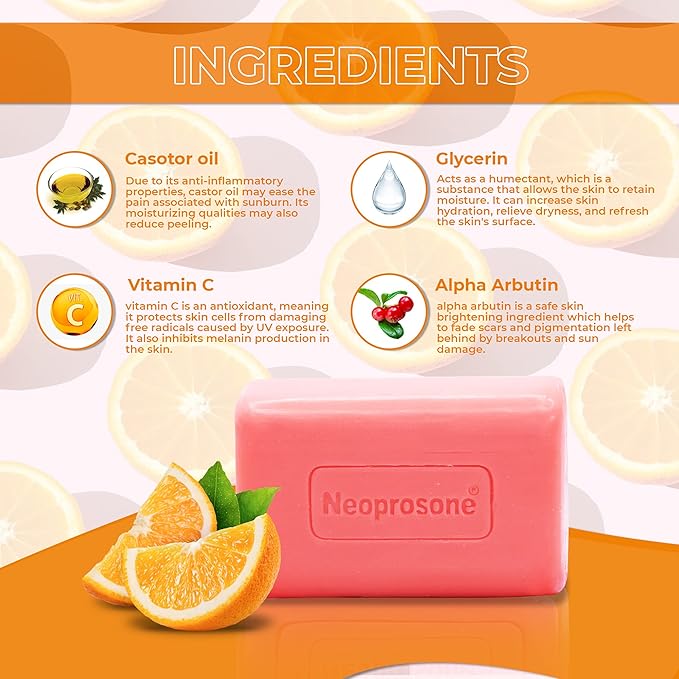 Neoprosone, Skin Brightening Soap | 7oz / 200g | Exfoliating, Cleansing Bar, Helps to Reduce Spots on: Knees, Elbows, Face, Private Areas | For Women and Men, with Vitamin C and Castor Oil
