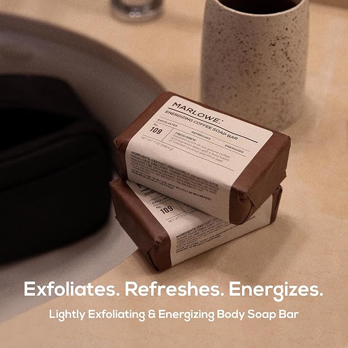 MARLOWE. No. 109 Coffee Bar Soap 7 oz, Body Scrub Soap for Men, Refreshing, Energizing & Exfoliating with Natural Extracts, Caffeine, Coffee Beans & Cocoa Butter, Fresh Brewed Scent