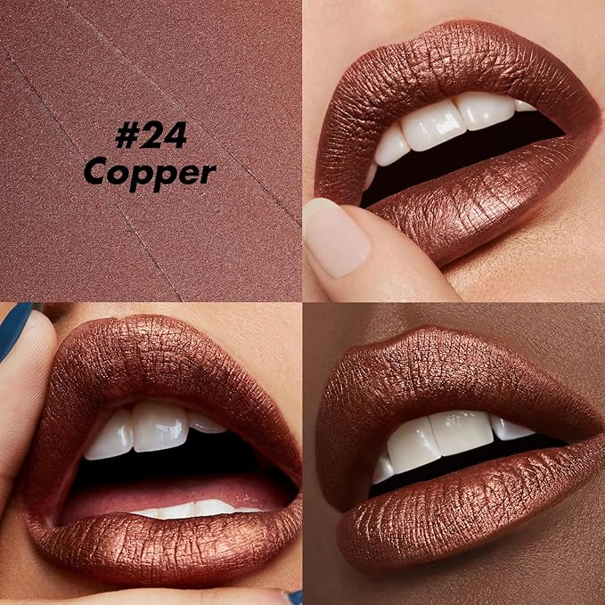 FOCALLURE Ultra Chic Metallic Lipstick,Rich Vitamin E Lip Crayon,Lightweight Shinning Color without Drying or Fading,Long Lasting Lips Makeup,#24 Copper